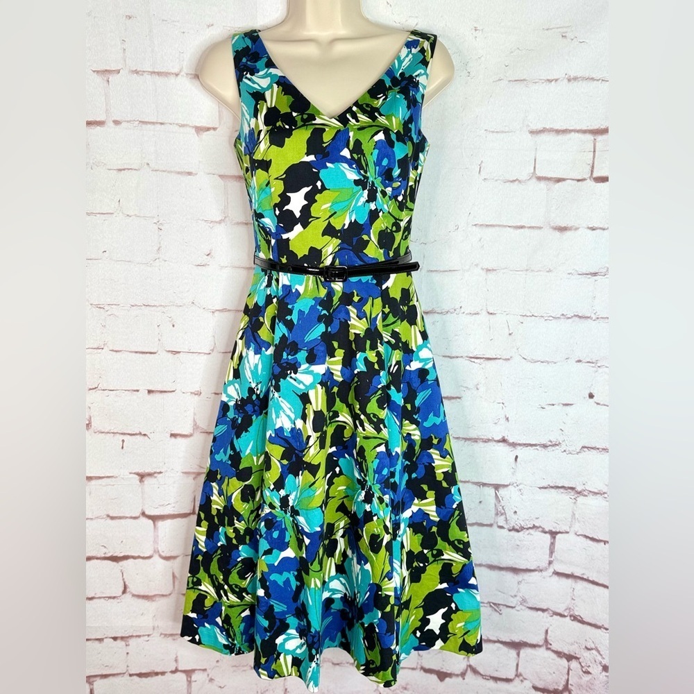 David Meister Belted Fit & Flare Blue Green Floral Cocktail Party Dress Size 2